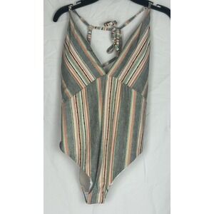 Lucky Brand Striped Halter One Piece Swimsuit Boho Multicolor V-Neck Tie Large